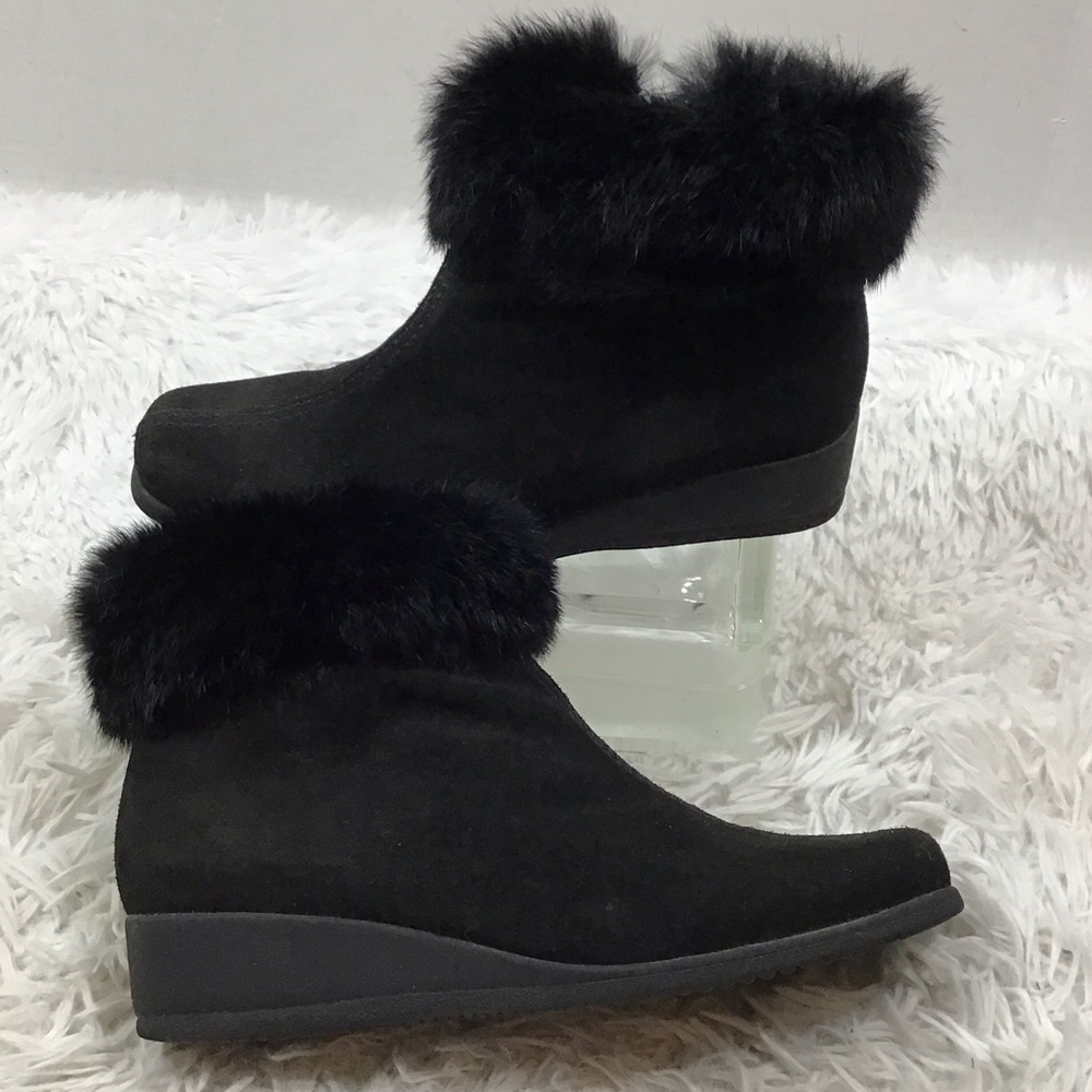 La CANADIENNE Black Suede Fur-Trim wedge booties 9.5